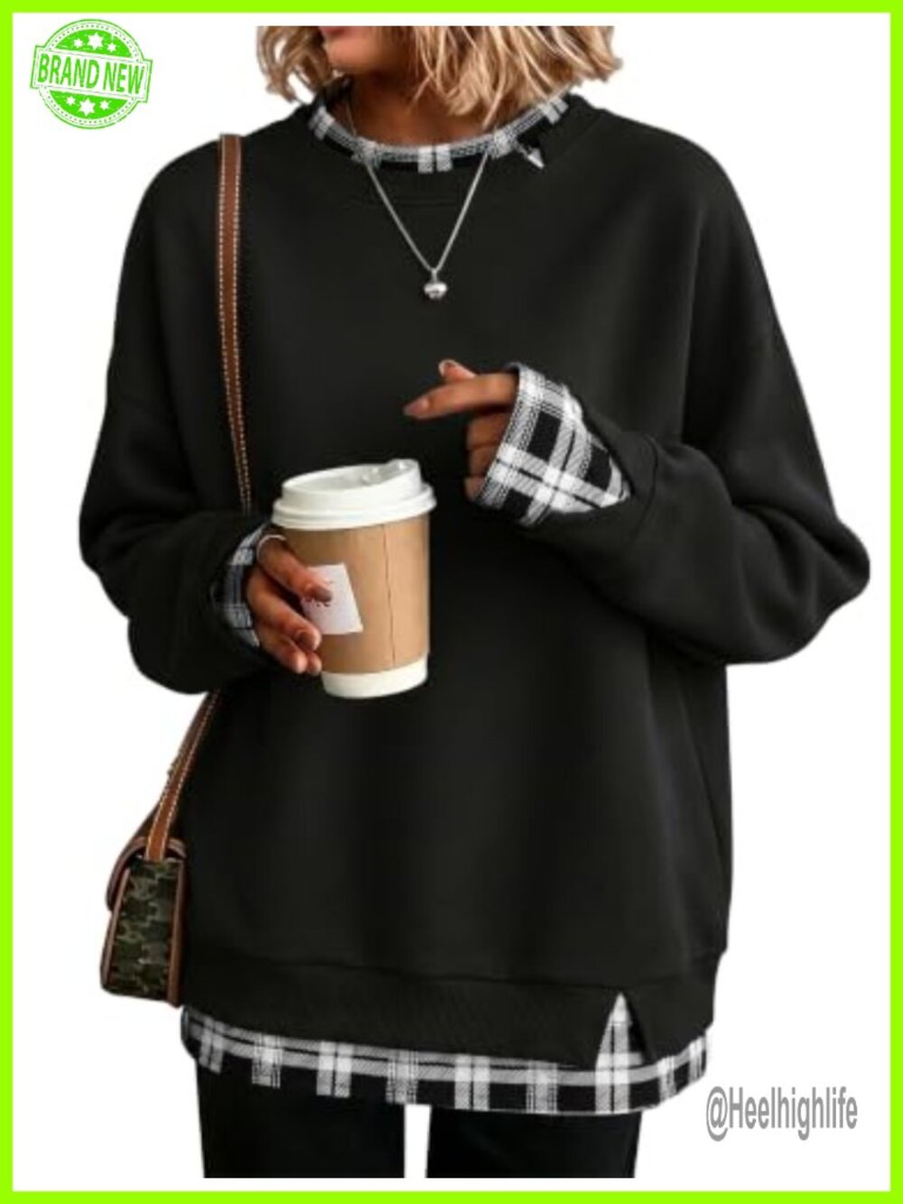Womens Casual Long Sleeve Pullover Sweatshirt Plaid Patchwork Cut-Out